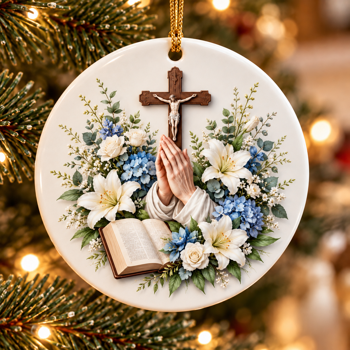 Christian Prayer Christmas Ornament, Jesus Cross Ornament, Bible Faith Keepsake, Religious Ceramic Christmas Gift for Christians