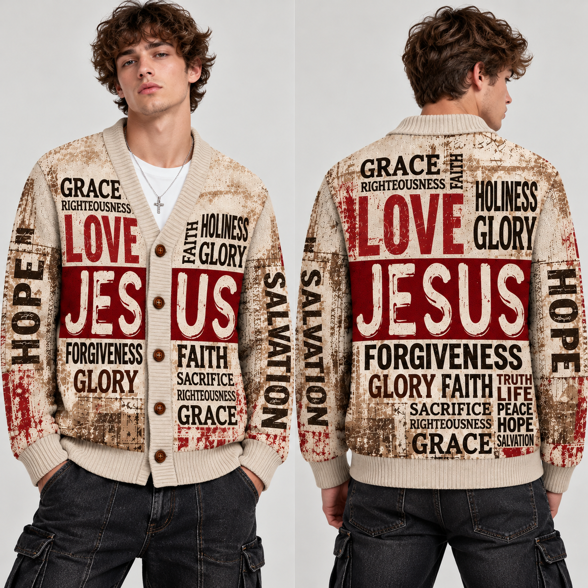Jesus Christian Cardigan, Love Jesus Religious Sweater, Men's Faith Button Up Knitwear, Vintage Christian Gift for Men
