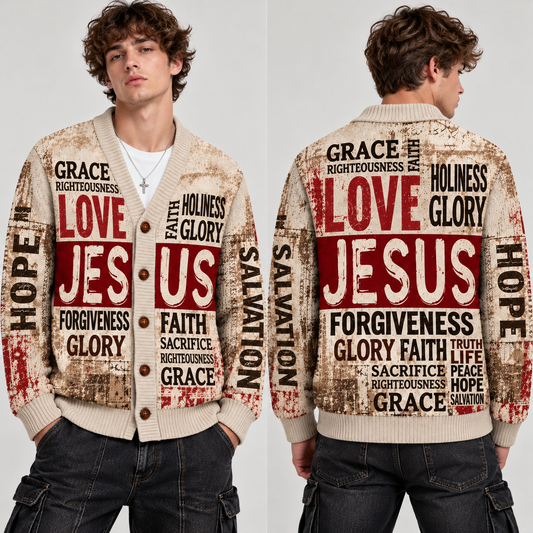 Jesus Christian Cardigan, Love Jesus Religious Sweater, Men's Faith Button Up Knitwear, Vintage Christian Gift for Men
