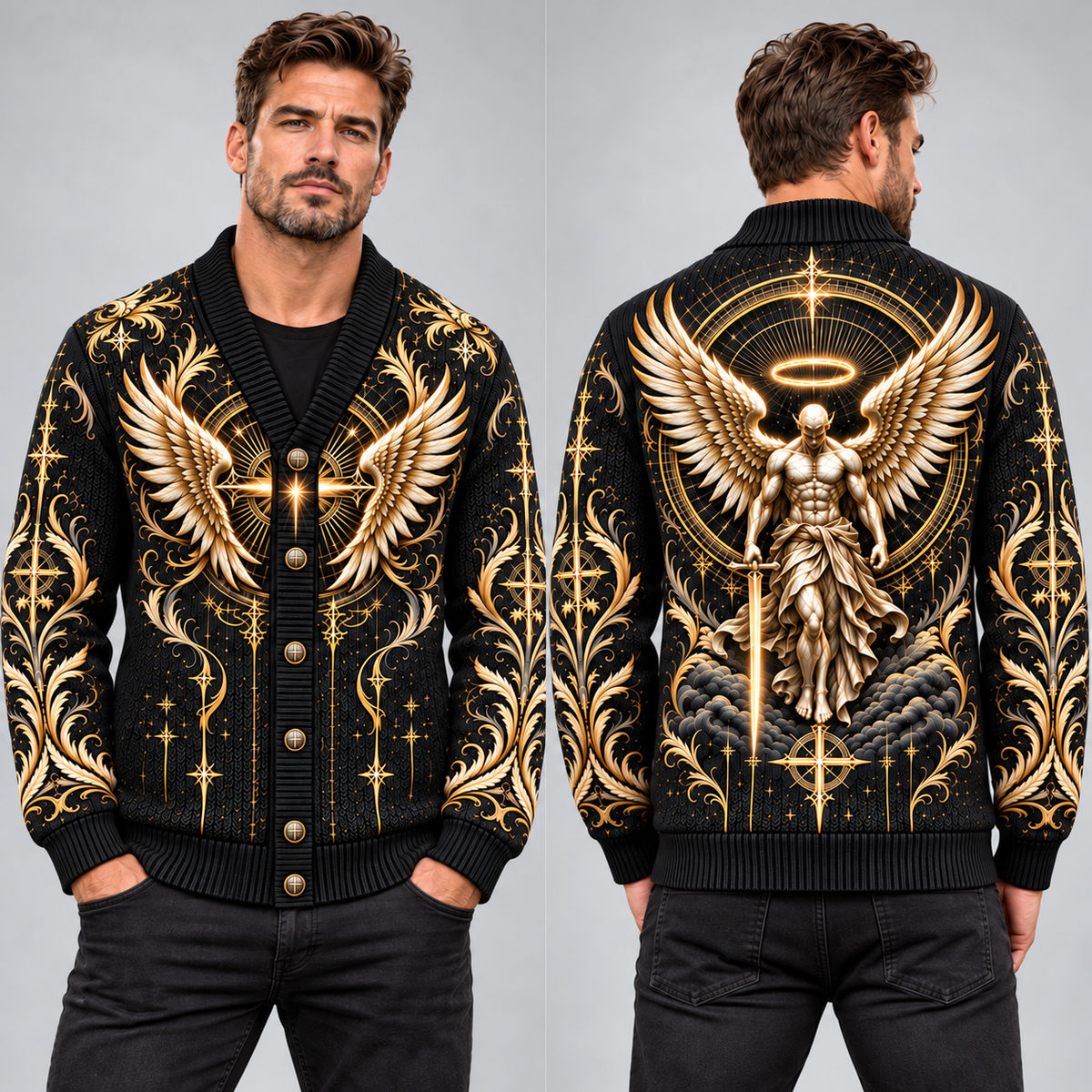 Angel Warrior Christian Cardigan, Archangel Wings Religious Sweater, Men’s Faith Button Up Knit Cardigan