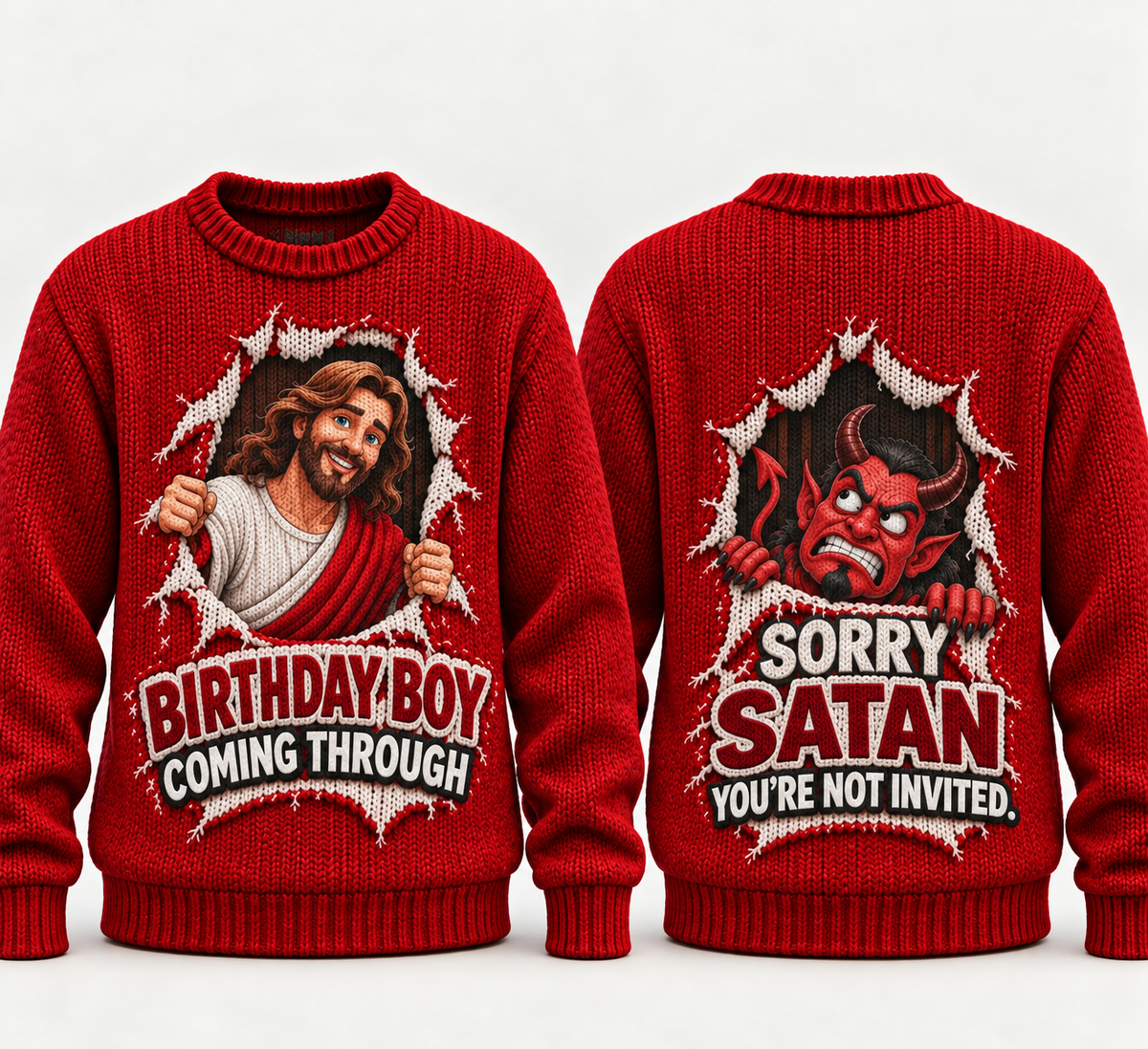 Funny Christian Christmas Sweater, Birthday Boy Jesus Ugly Christmas Sweater, Sorry Satan You’re Not Invited Men’s Knit
