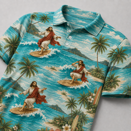 Light Turquoise Jesus Surfing Polo Shirt – Christian Tropical Beach Shirt