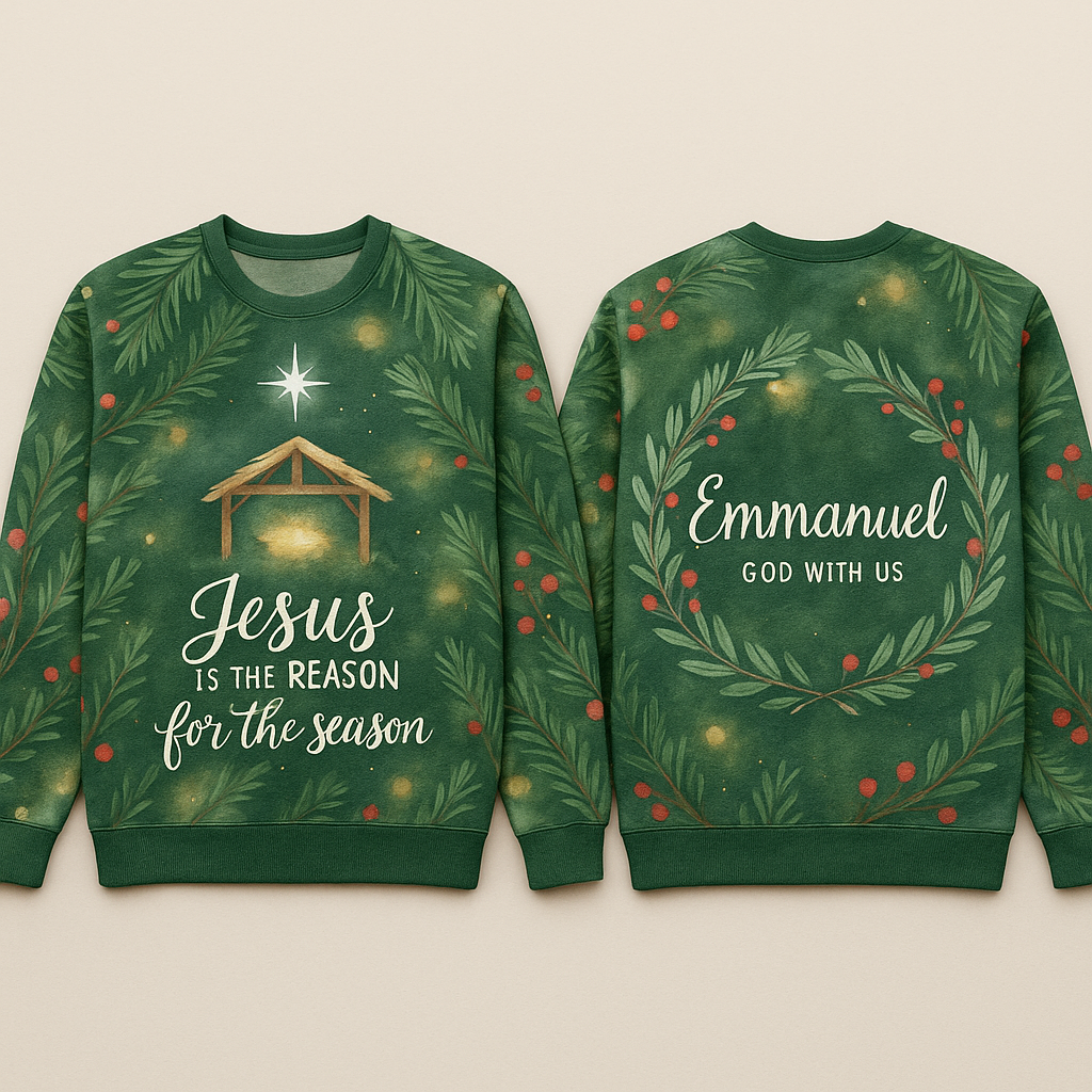 Jesus Is the Reason for the Season Christmas Sweatshirt - Evergreen Watercolor