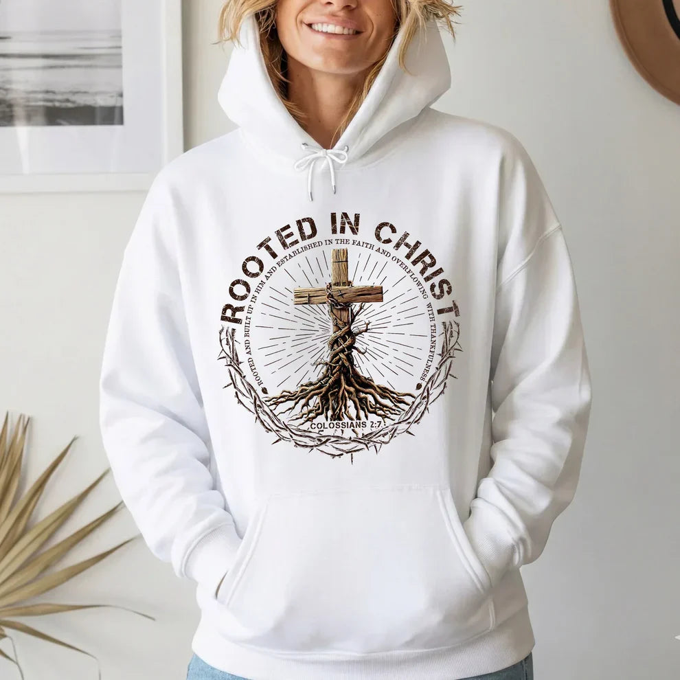 Rooted In Christ Wooden Cross With Growing Roots Design - Minimalist Faith - Unisex Tshirt / Hoodie / Sweatshirt