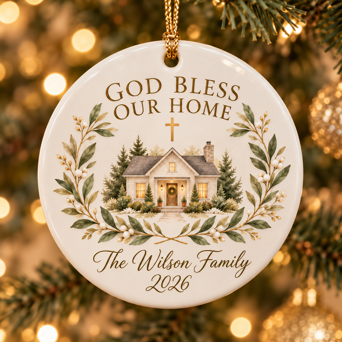 Personalized Christian Home Ornament, God Bless Our Home Ornament, Family Name Keepsake, Ceramic Christmas Gift for Family 2026