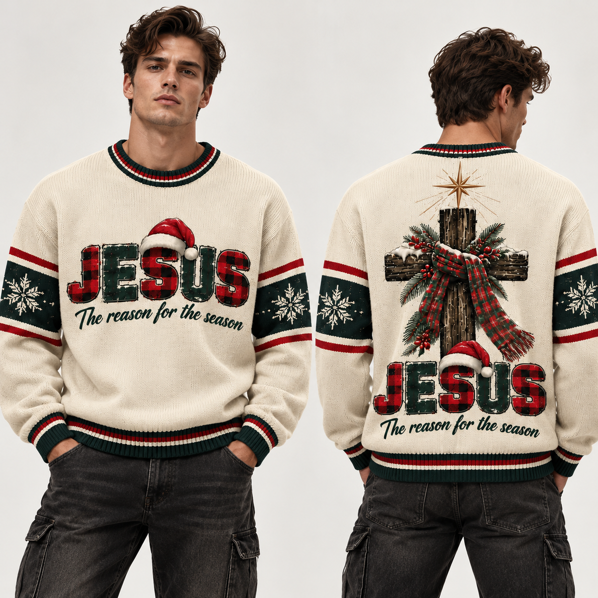 Jesus Christian Christmas Sweater, Reason for the Season, Men's Ugly Xmas Crewneck, Religious Holiday Gift for Men