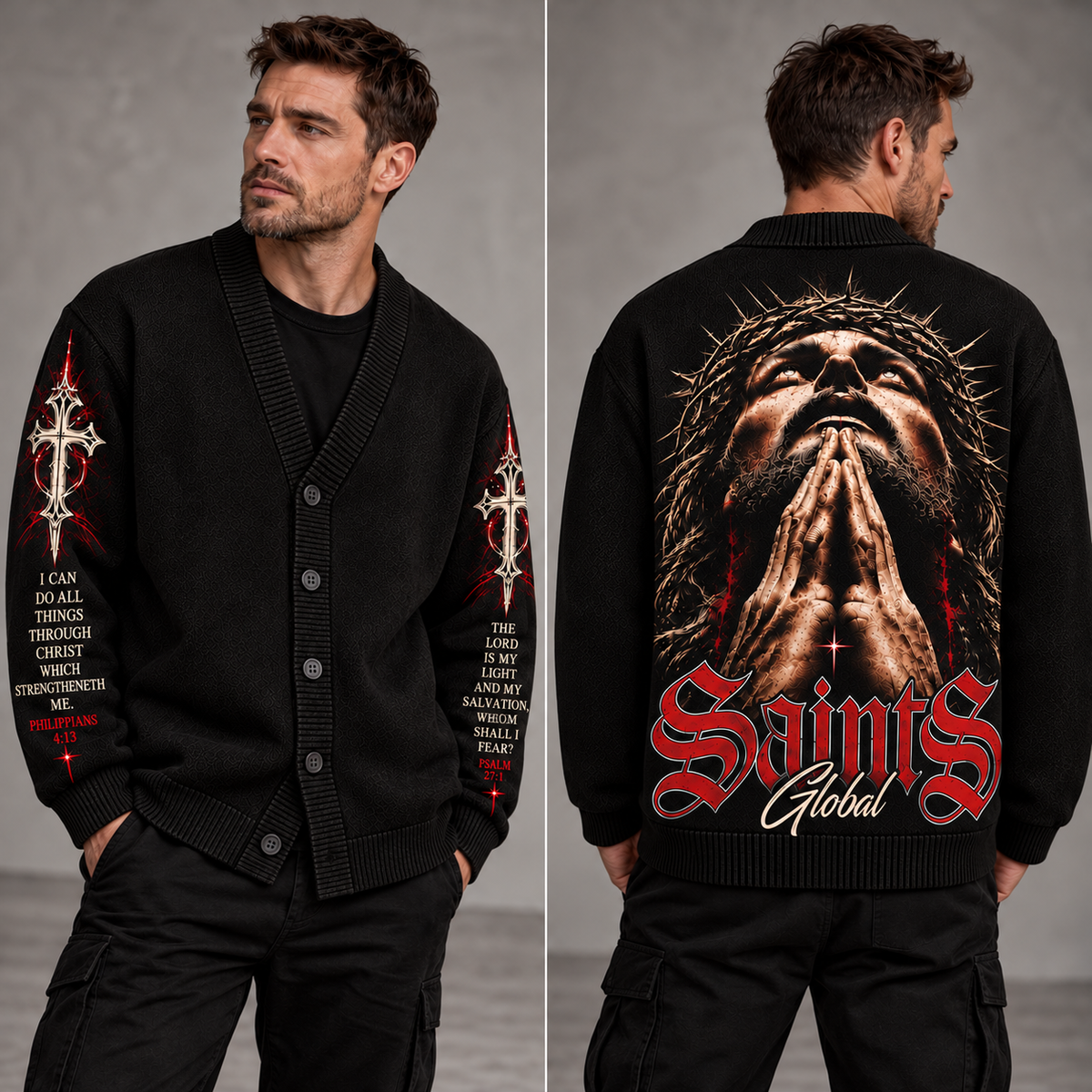 Jesus Saints Christian Cardigan, Gothic Cross Bible Verse Sweater, Black Button Up Cardigan, Religious Gift for Men