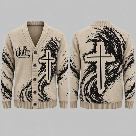 Men's Christian Cross Cardigan, By His Grace Ephesians 2:8 Sweater, Religious Button Up Knitwear, Faith Gift for Men