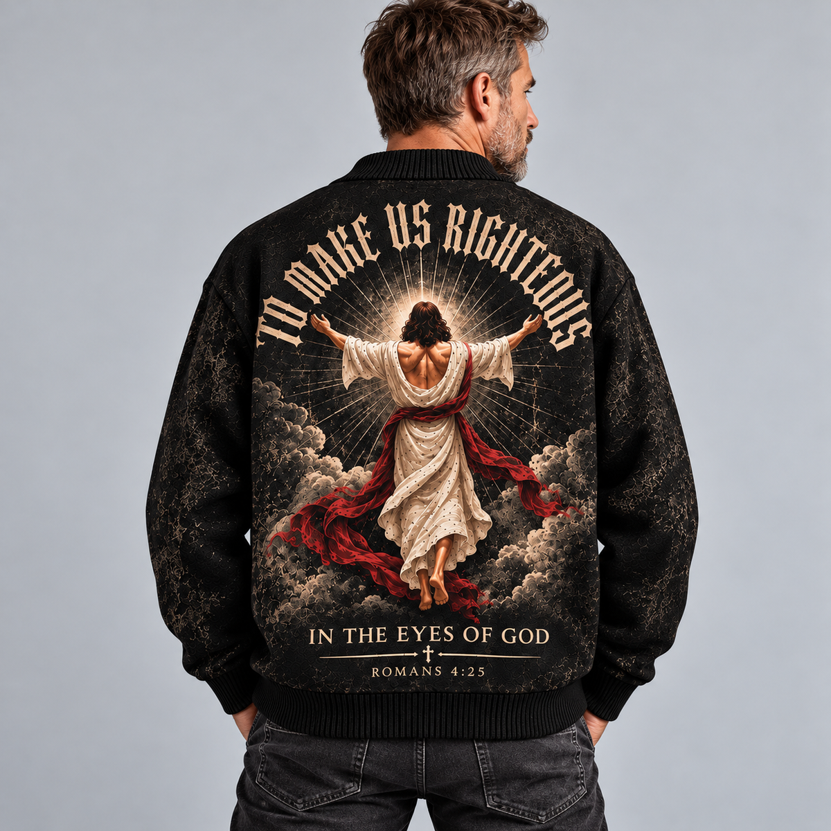 Personalized Jesus Christian Cardigan, Made Us Righteous Sweater, Romans 4:25 Cross Button Up Cardigan, Custom Faith Gift for Men