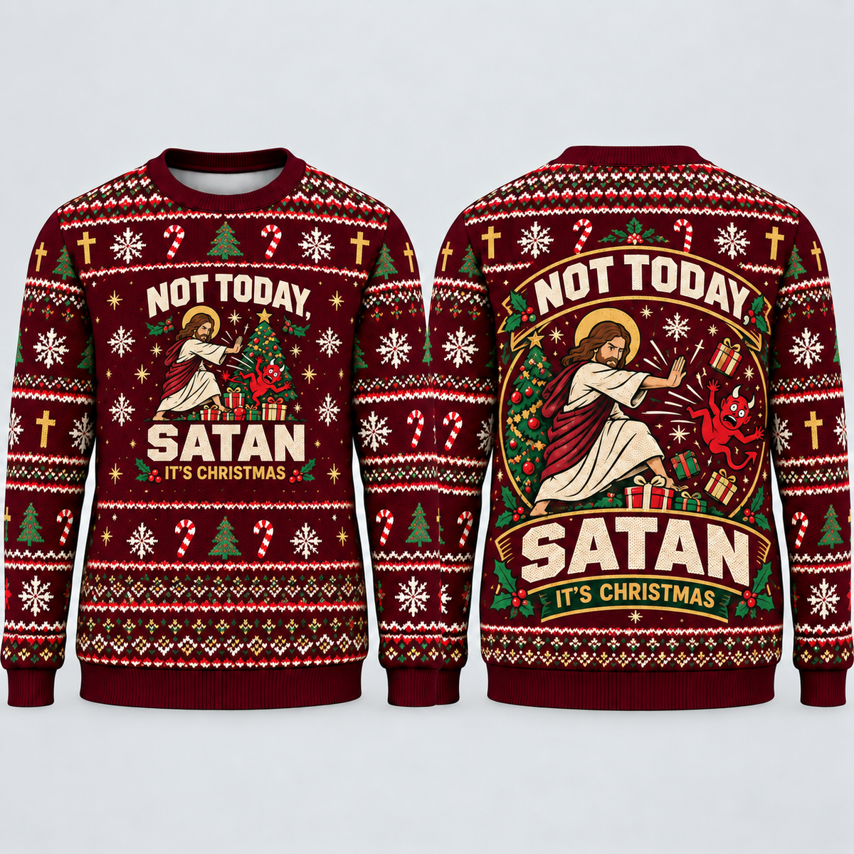 Not Today Satan It’s Christmas 3D Sweater – Christian Ugly Christmas All-Over Print Holiday Sweatshirt