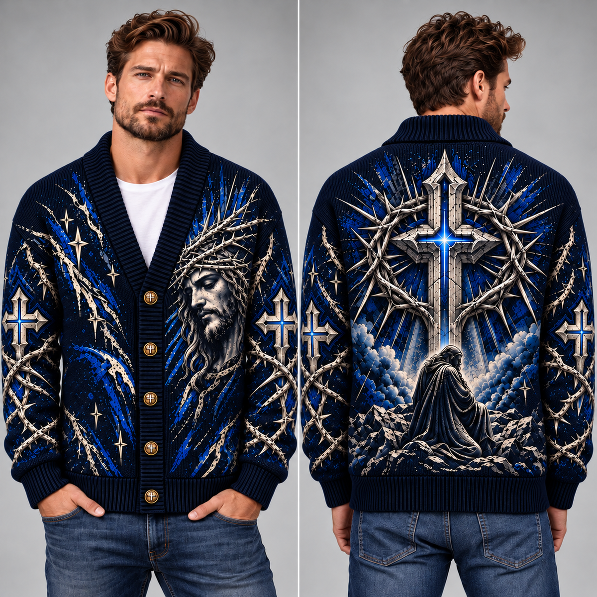 Jesus Crown of Thorns Christian Cardigan, Cross Religious Sweater, Men’s Faith Button Up Knit Cardigan