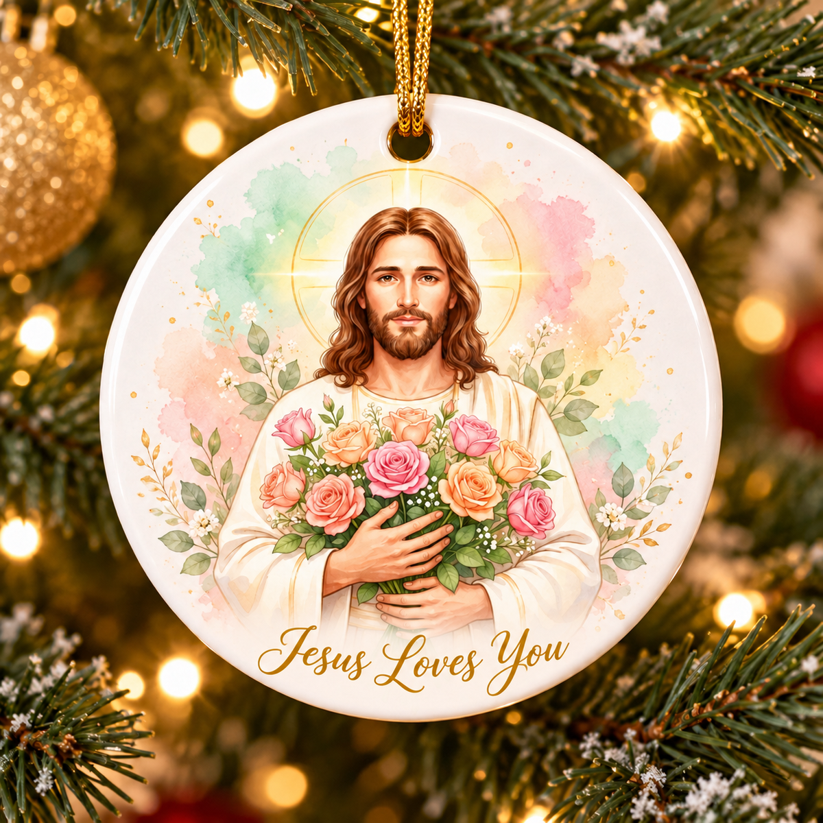 Jesus Loves You Christmas Ornament, Christian Faith Ornament, Jesus Floral Religious Gift, Inspirational Christmas Keepsake