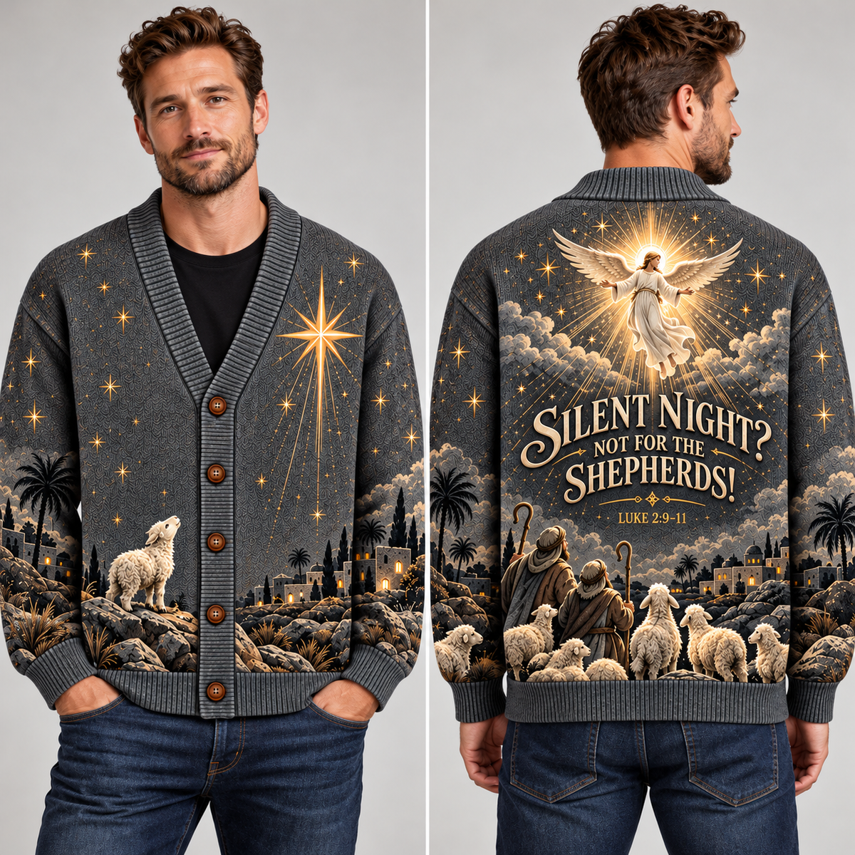 Christian Christmas Cardigan, Silent Night Shepherds Sweater, Luke 2:9-11 Angel Nativity Knitwear, Men's Religious Holiday Gift