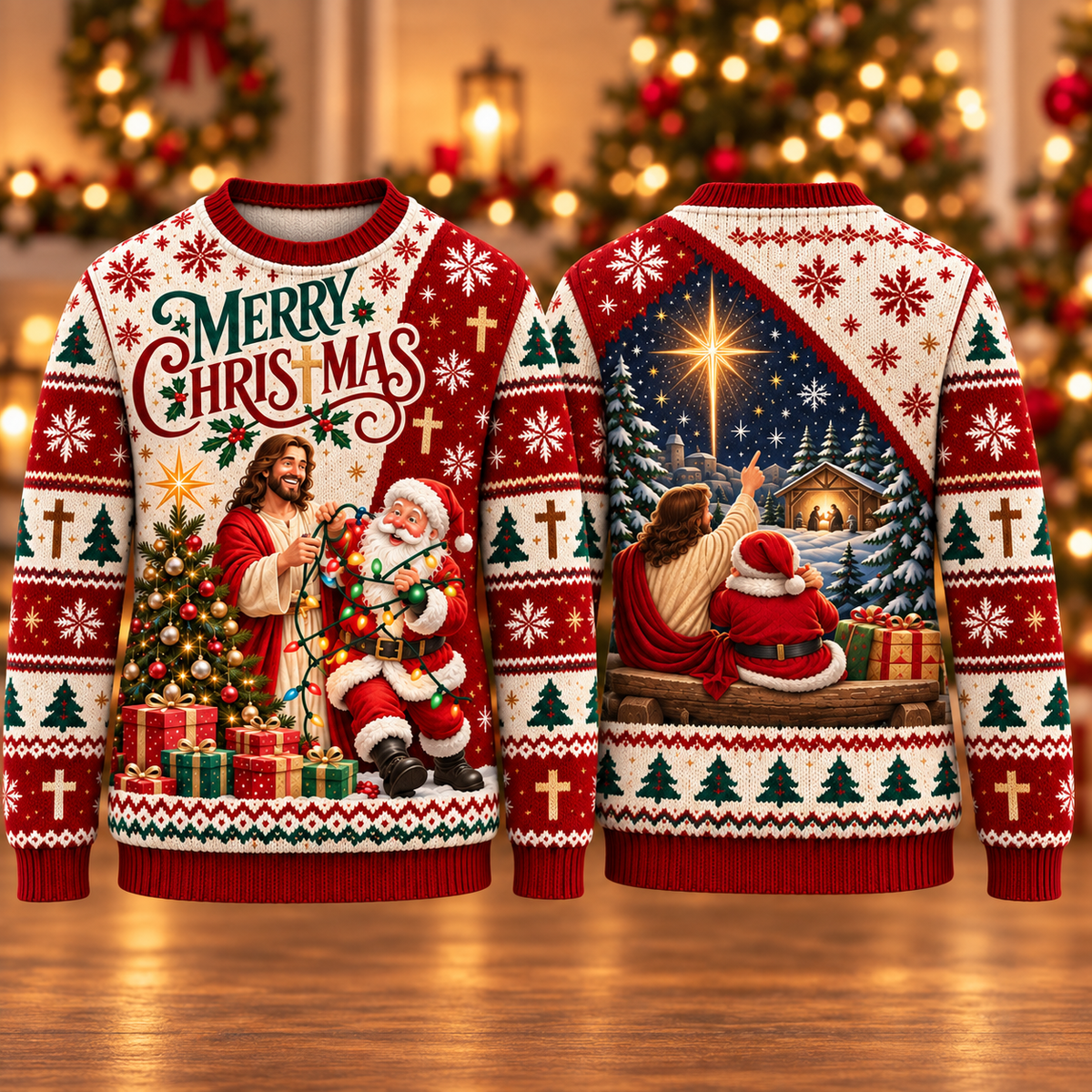 Merry Christmas Jesus Sweater, Christian Ugly Christmas Sweater, Jesus and Santa Men’s Faith Holiday Knit Pullover