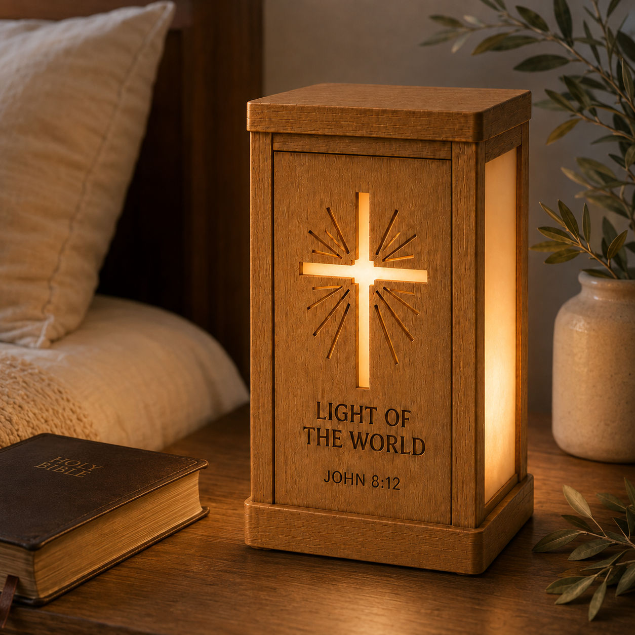 Light of the World Interchangeable Scripture Lantern – Wooden Christian Lamp with Seasonal Panels