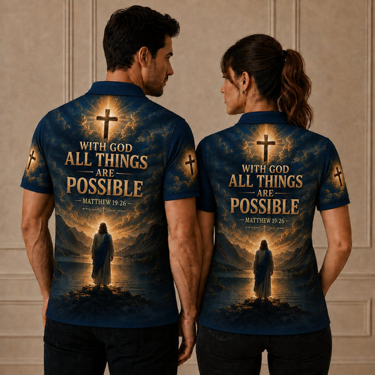 Navy Walk By Faith Christian Jesus Polo Shirt – Matthew 19:26 Religious Polo