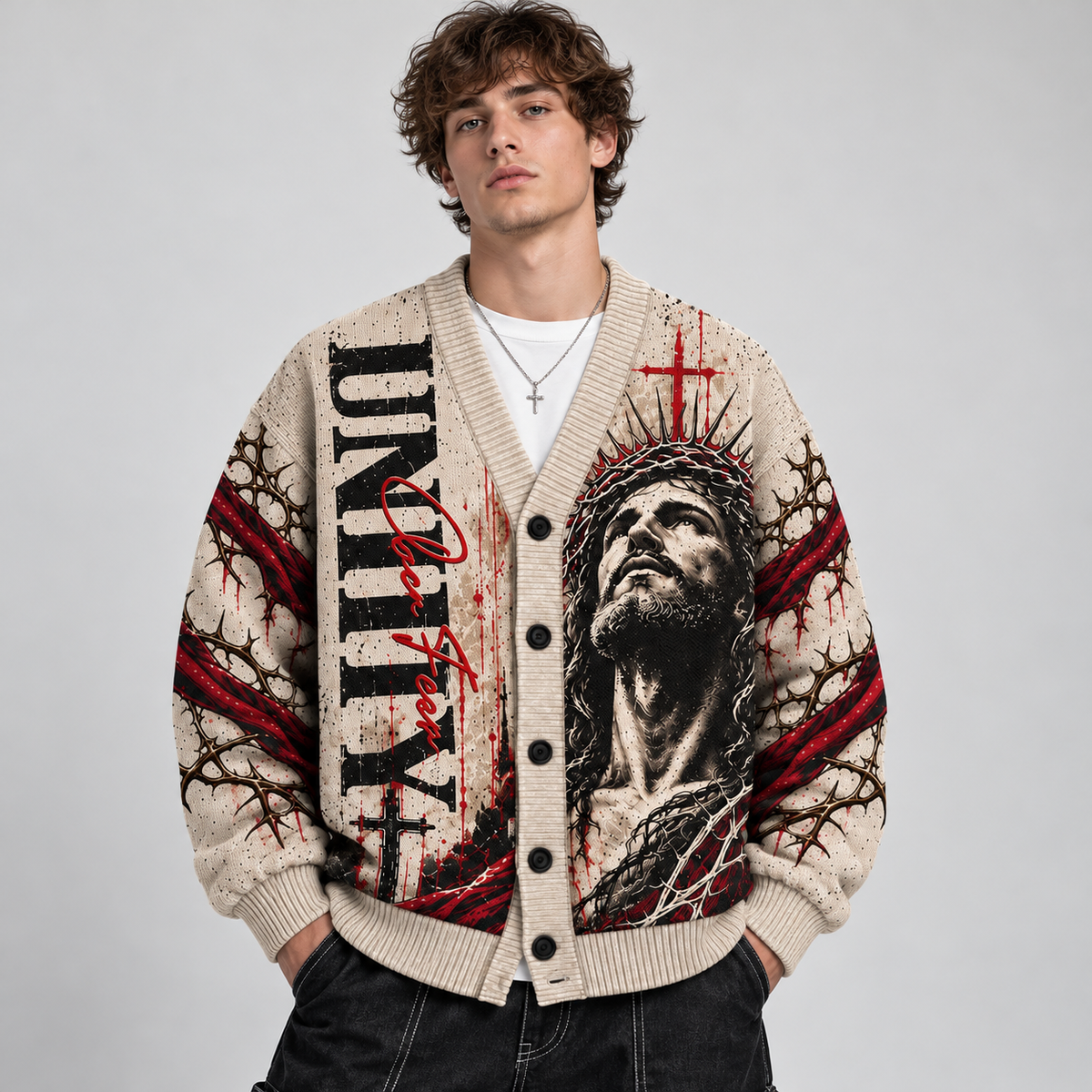 Jesus Christian Cardigan, Unity Over Fear Religious Sweater, Crown of Thorns Cross Button Up Cardigan, Christian Gift for Men
