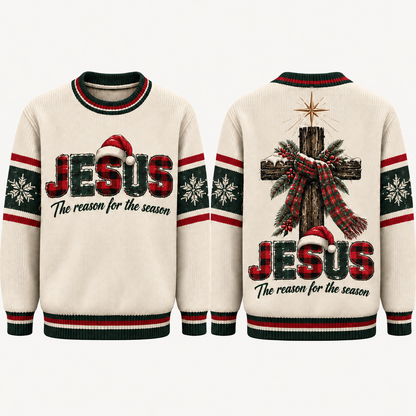 Jesus Christian Christmas Sweater, Reason for the Season, Men's Ugly Xmas Crewneck, Religious Holiday Gift for Men