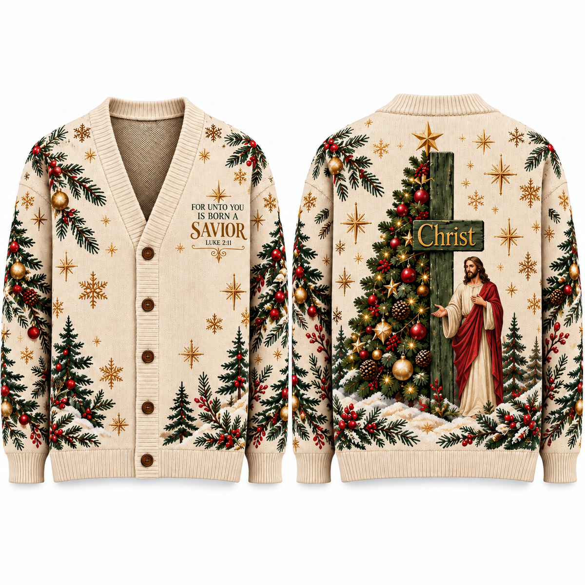 Jesus Christian Christmas Cardigan, Luke 2:11 Religious Sweater, Christ Cross Holiday Knitwear, Men's Faith Based Christmas Gift