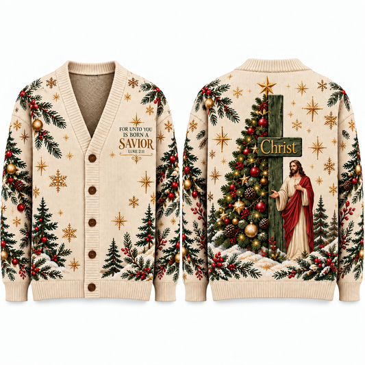 Jesus Christian Christmas Cardigan, Luke 2:11 Religious Sweater, Christ Cross Holiday Knitwear, Men's Faith Based Christmas Gift