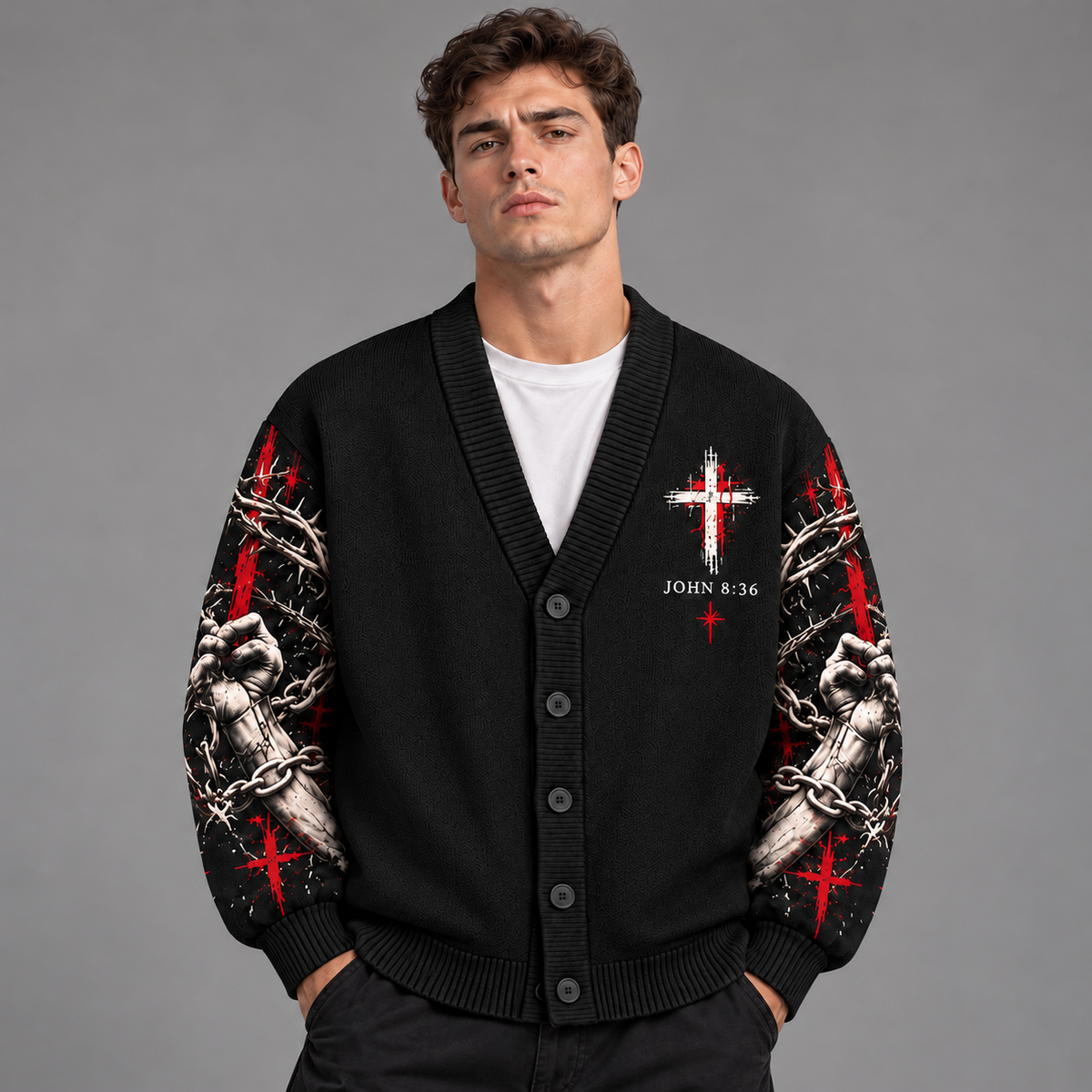 Jesus Christian Cardigan, Break the Script Religious Sweater, John 8:36 Cross Button Up Cardigan, Faith Gift for Men