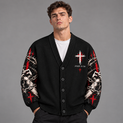 Jesus Christian Cardigan, Break the Script Religious Sweater, John 8:36 Cross Button Up Cardigan, Faith Gift for Men
