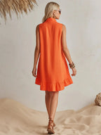 Orange Cotton Linen Stand Collar Half-Zip Mini Dress Carilie