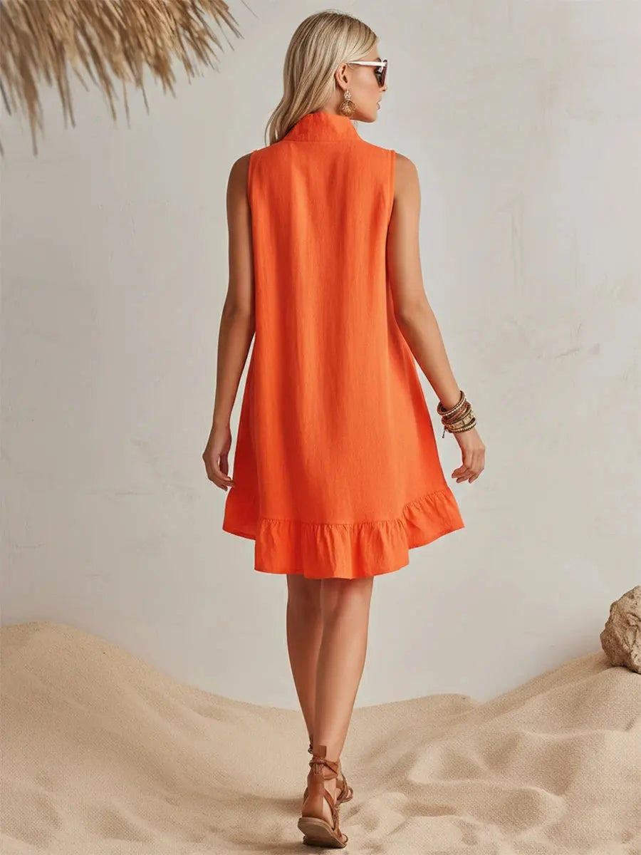 Orange Cotton Linen Stand Collar Half-Zip Mini Dress Carilie