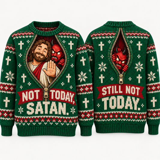 Not Today Satan Christian Christmas Sweater, Funny Jesus Ugly Christmas Sweater, Men’s Faith Holiday Knit Pullover