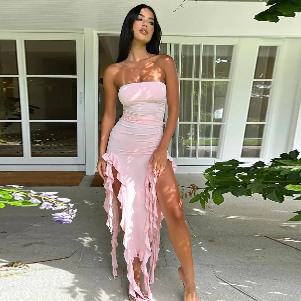 Strapless Asymmetrical Ruffle Midi Dress Shellie