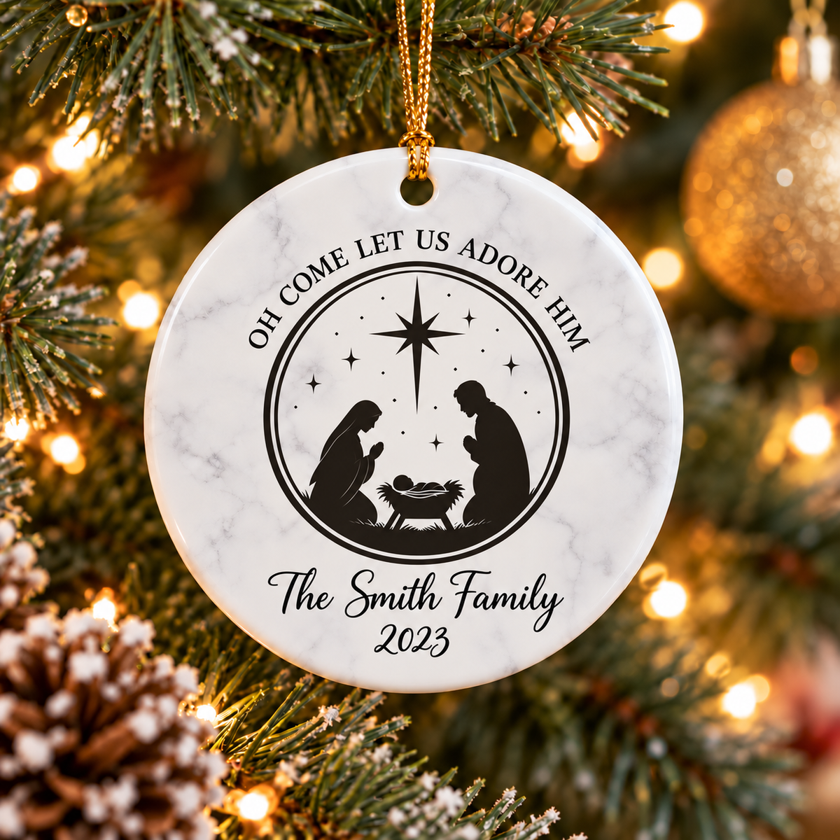 Personalized Nativity Christmas Ornament, Christian Family Ornament, Oh Come Let Us Adore Him, Custom Family Christmas Keepsake