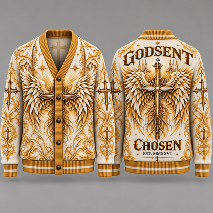Godsent Chosen Christian Cardigan, Angel Wings Cross Sweater, Men’s Faith Button Up Religious Knit Cardigan