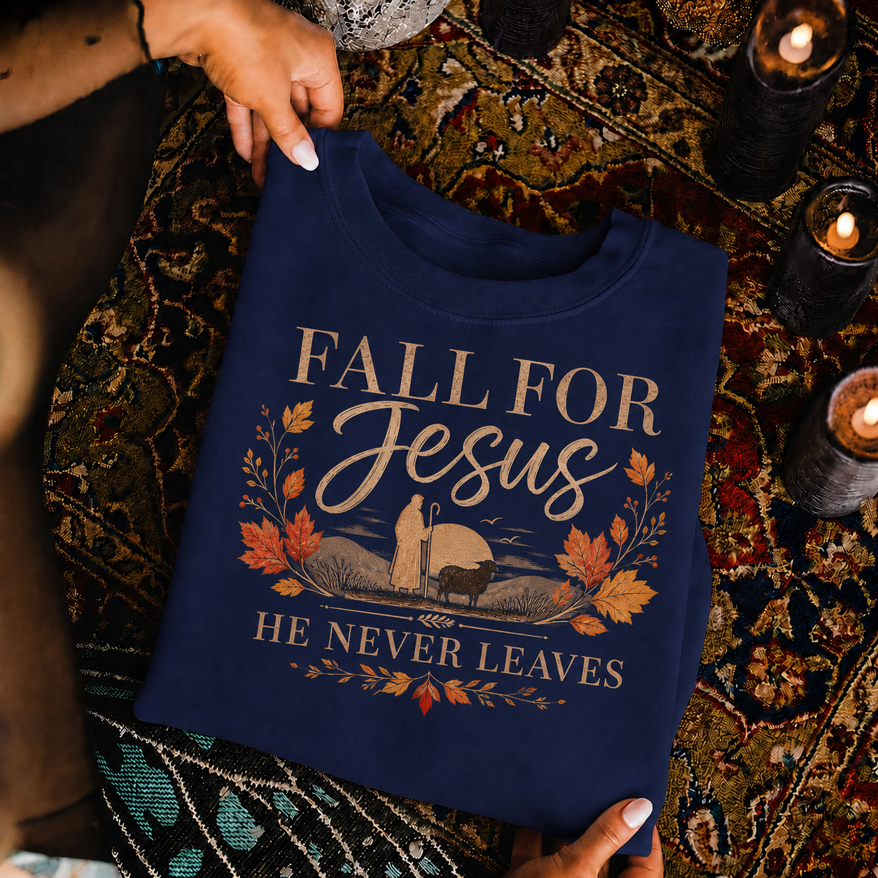 Fall For Jesus He Never Leaves Christian Autumn Faith Unisex Tshirt / Hoodie / Sweatshirt