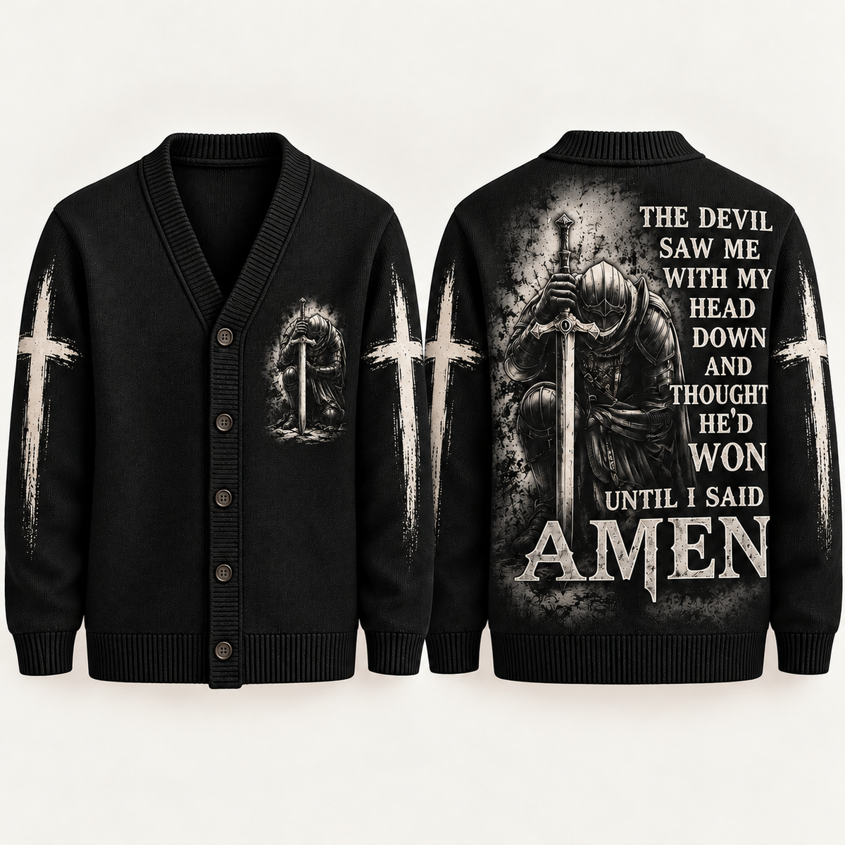 Men's Christian Knight Cardigan, The Devil Thought He Won Amen Sweater, Gothic Cross Button Up Knitwear, Faith Gift for Men