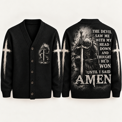 Men's Christian Knight Cardigan, The Devil Thought He Won Amen Sweater, Gothic Cross Button Up Knitwear, Faith Gift for Men