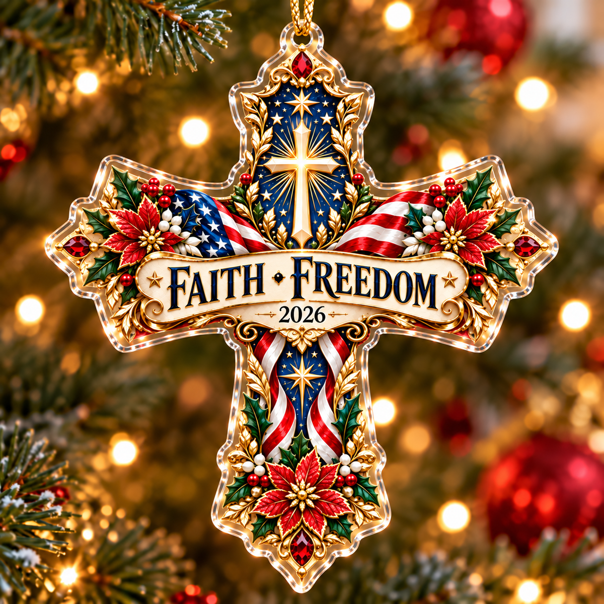 Faith Freedom Cross Ornament, Patriotic Christian Ornament, American Flag Christmas Decor, Religious USA Gift, Faith Keepsake