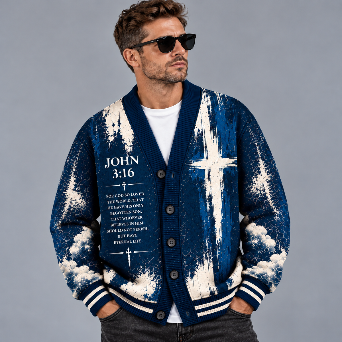 Jesus Christian Cardigan, John 3:16 Bible Verse Sweater, Navy Blue Cross Button Up Cardigan, Religious Faith Gift for Men