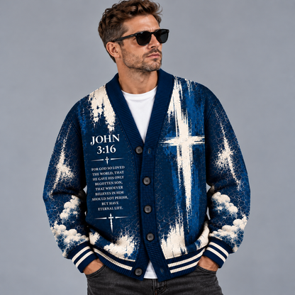 Jesus Christian Cardigan, John 3:16 Bible Verse Sweater, Navy Blue Cross Button Up Cardigan, Religious Faith Gift for Men