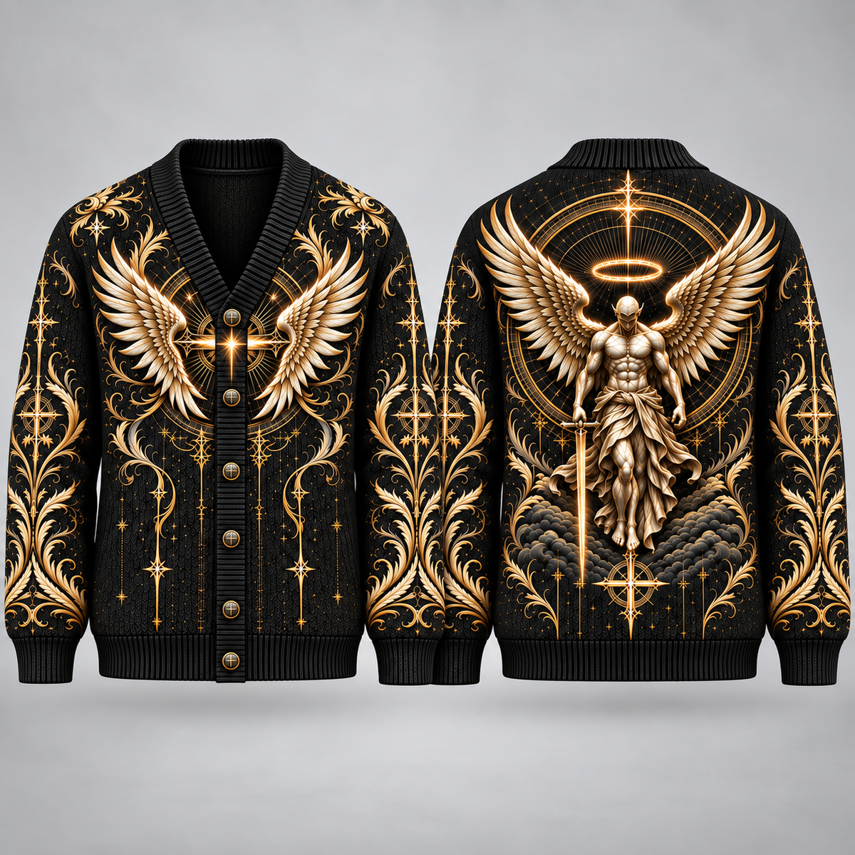 Angel Warrior Christian Cardigan, Archangel Wings Religious Sweater, Men’s Faith Button Up Knit Cardigan