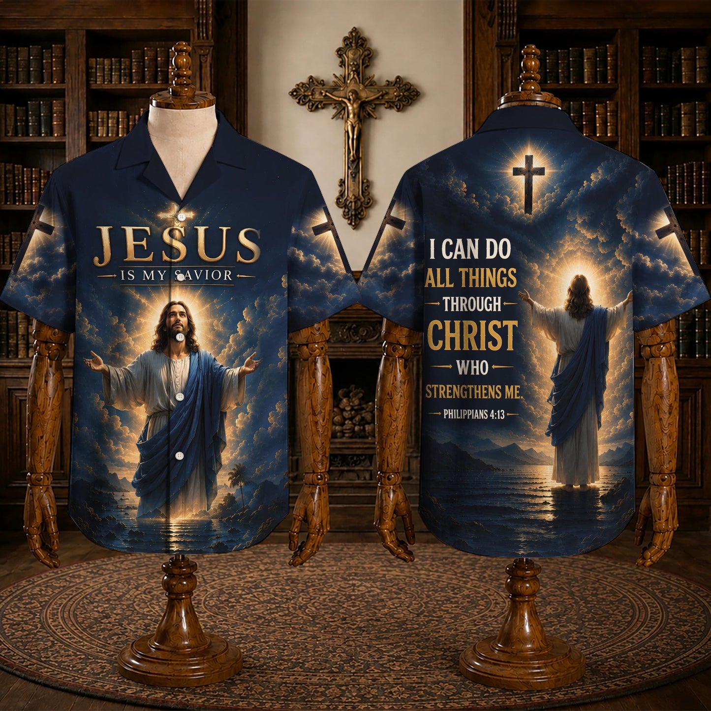 Navy Jesus Is My Savior Hawaiian Shirt – Philippians 4:13 Christian Faith Button-Up
