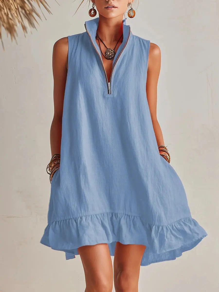 Orange Cotton Linen Stand Collar Half-Zip Mini Dress Carilie