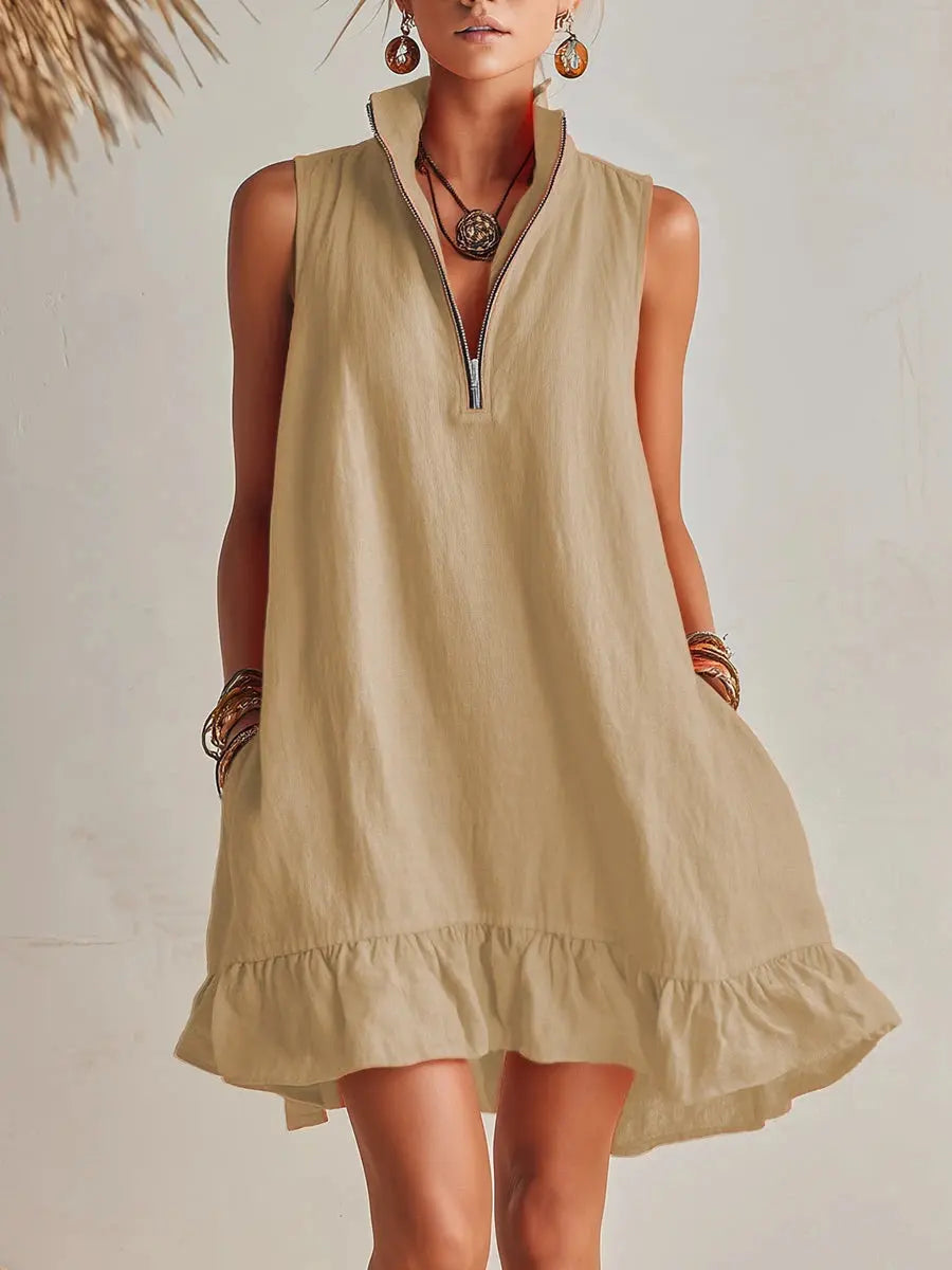 Orange Cotton Linen Stand Collar Half-Zip Mini Dress Carilie