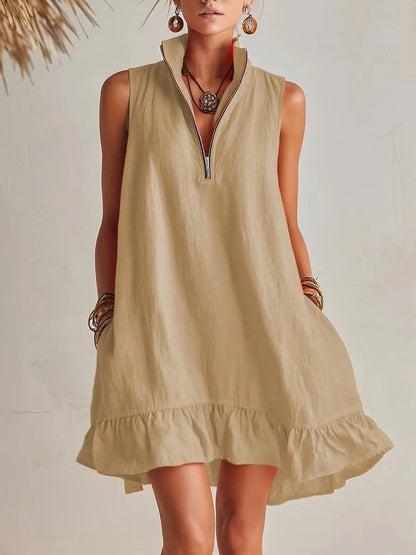Orange Cotton Linen Stand Collar Half-Zip Mini Dress Carilie