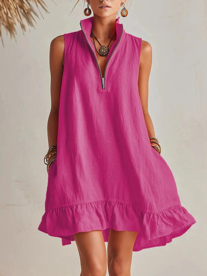 Orange Cotton Linen Stand Collar Half-Zip Mini Dress Carilie