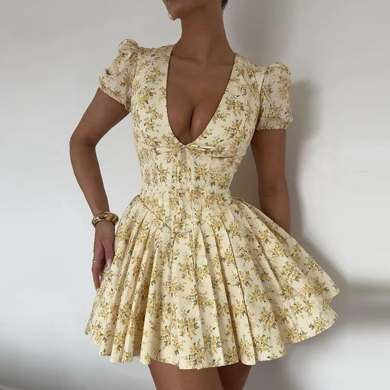 Floral V Neck Puff Sleeve Mini Dress Shellie