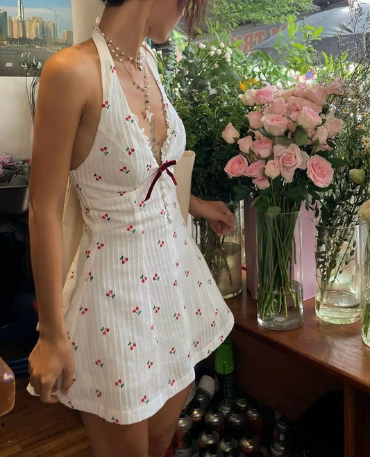 Cherry Print Halter Backless Mini Dress Shellie