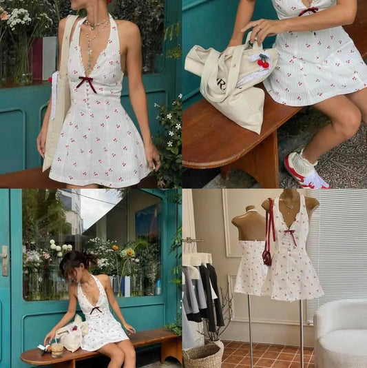 Cherry Print Halter Backless Mini Dress Shellie