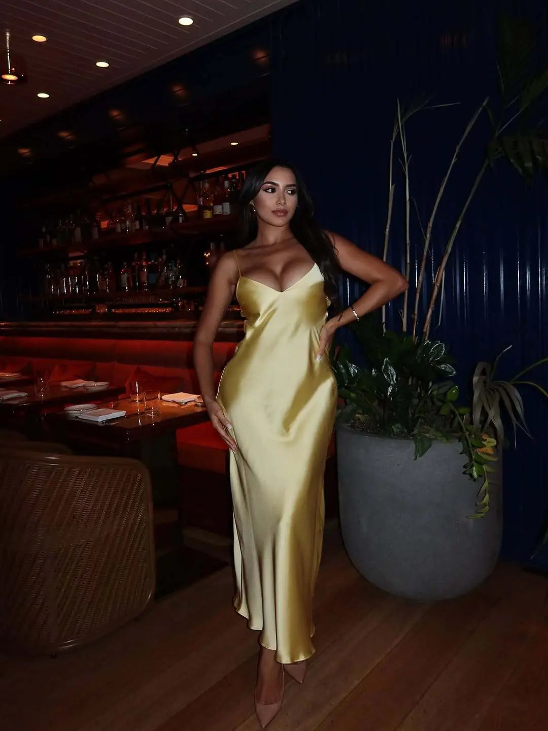 Satin Cowl Neck Slip Midi Dress Shellie