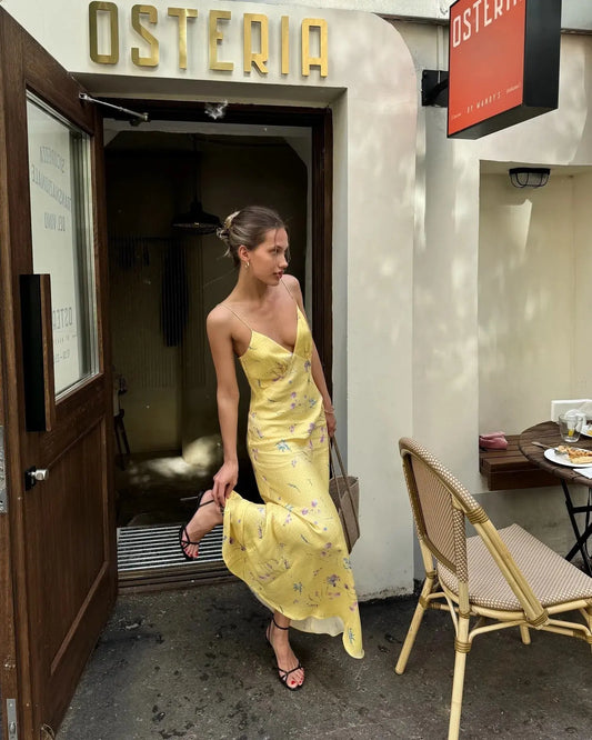 Yellow Floral Satin Slip Maxi Dress Carilie