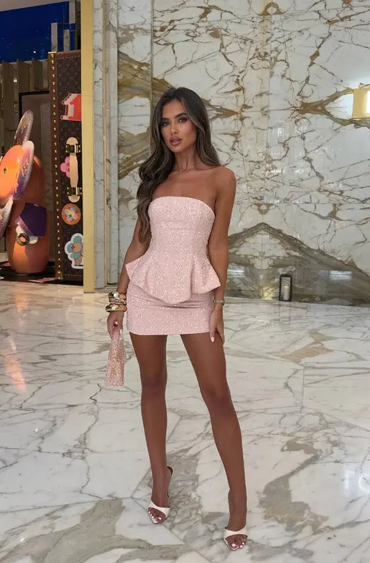 Sequin Strapless Peplum Mini Dress Carilie